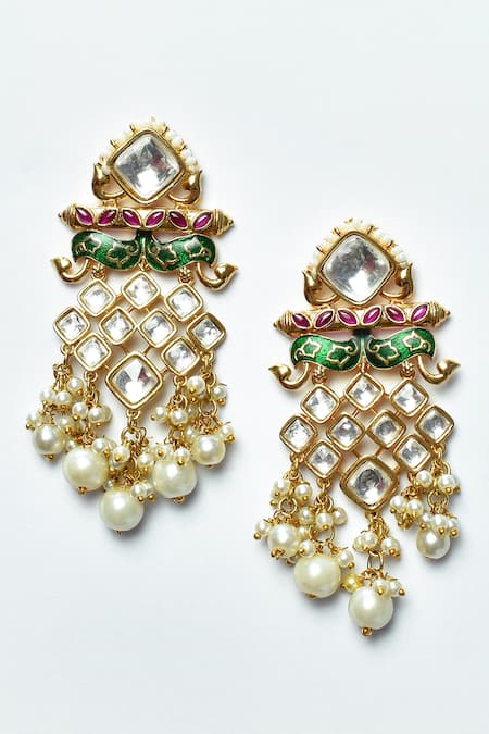 Shop_Nepra By Neha Goel_Green Beads, Pearls, Diamonds Drop Danglers_Online_at_Aza_Fashions