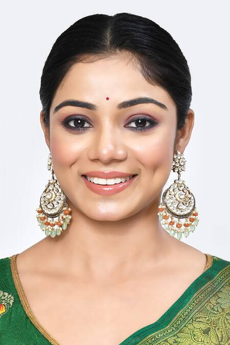 Nepra By Neha Goel_Orange Beads, Diamonds, Crystals Polki Studded Chandbalis_Online_at_Aza_Fashions