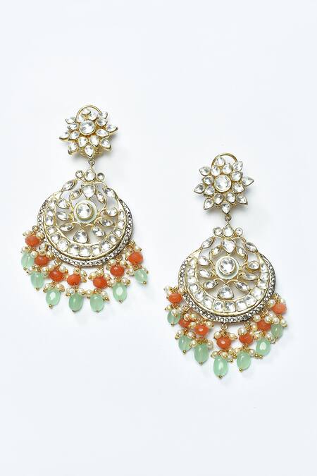 Shop_Nepra By Neha Goel_Orange Beads, Diamonds, Crystals Polki Studded Chandbalis_Online_at_Aza_Fashions