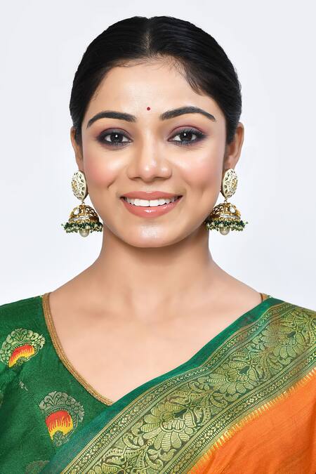 Nepra By Neha Goel_Green Stones, Pom-poms Kundan Studded Jhumkas_Online_at_Aza_Fashions