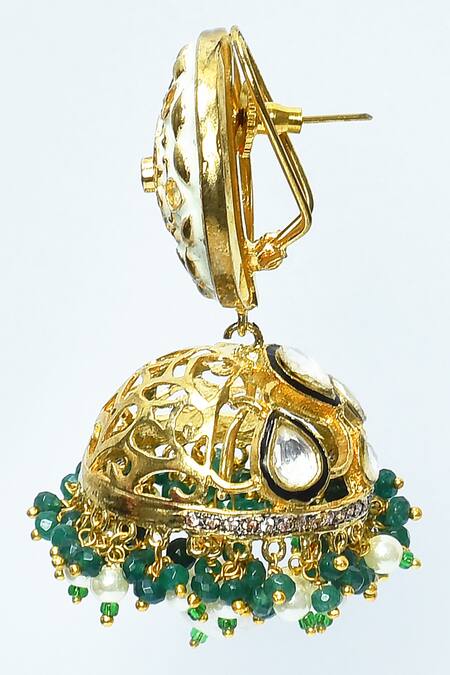 Buy_Nepra By Neha Goel_Green Stones, Pom-poms Kundan Studded Jhumkas_Online_at_Aza_Fashions