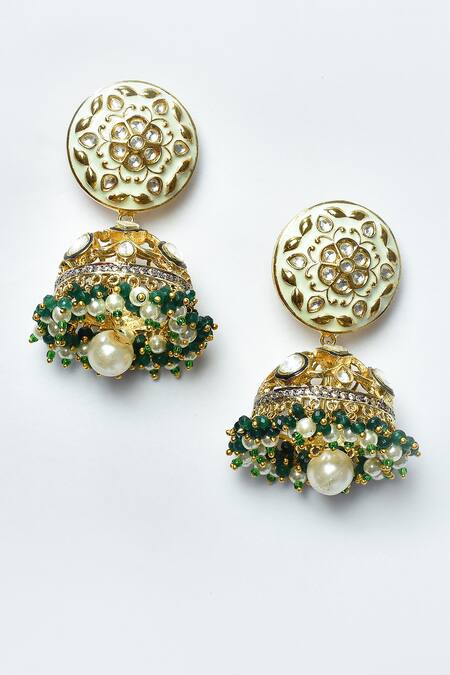 Shop_Nepra By Neha Goel_Green Stones, Pom-poms Kundan Studded Jhumkas_Online_at_Aza_Fashions