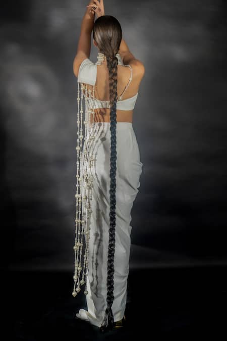 Nikhil Thampi_White Volvo Embellished Pearl Tassel Pre-draped Saree With Blouse  _Online_at_Aza_Fashions