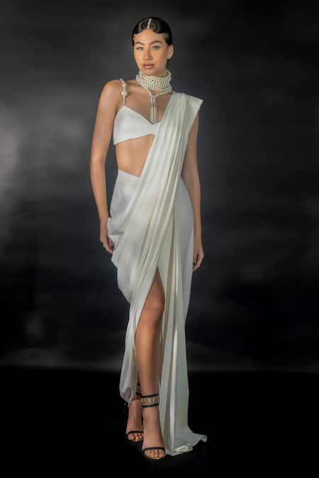 Shop_Nikhil Thampi_White Volvo Embellished Pearl Tassel Pre-draped Saree With Blouse  _Online_at_Aza_Fashions