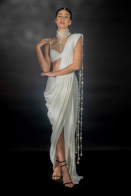 Nikhil Thampi_White Volvo Embellished Pearl Tassel Pre-draped Saree With Blouse  _at_Aza_Fashions