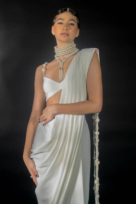 Buy_Nikhil Thampi_White Volvo Embellished Pearl Tassel Pre-draped Saree With Blouse  