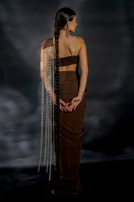 Nikhil Thampi Rhinestone Embellished Pallu Pre-Draped Saree With Blouse 