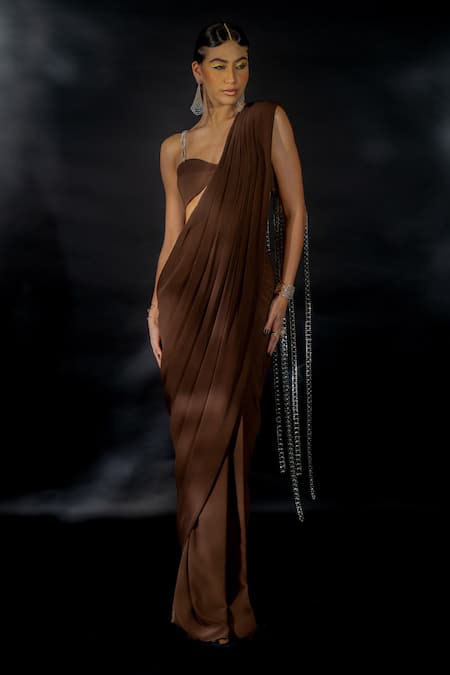 Shop_Nikhil Thampi_Brown Volvo Embellished Rhinestone Pallu Pre-draped Saree With Blouse  _Online_at_Aza_Fashions
