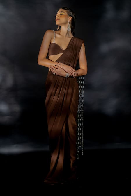 Nikhil Thampi_Brown Volvo Embellished Rhinestone Pallu Pre-draped Saree With Blouse  _at_Aza_Fashions