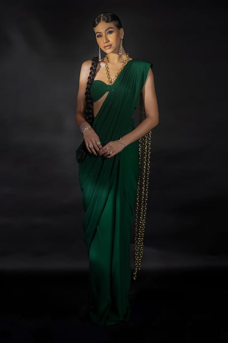 Nikhil Thampi Emerald Green Volvo Tasselled Pallu Pre-draped Saree With Blouse  