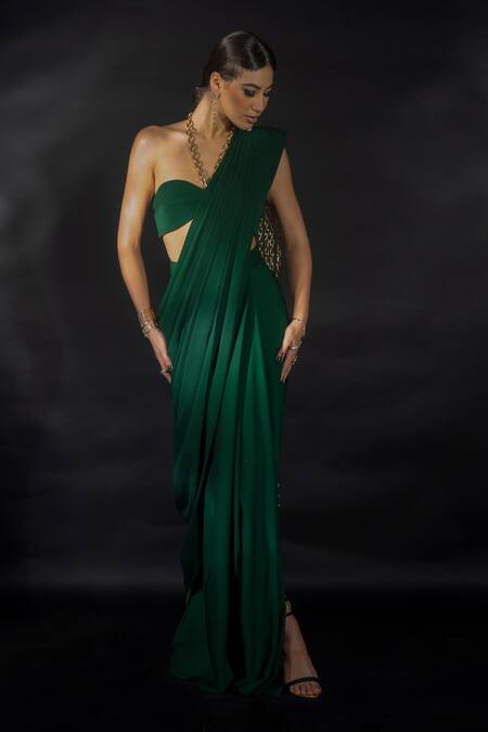 Buy Nikhil Thampi Emerald Green Volvo Tasselled Pallu Pre-draped Saree With Blouse Buy_Nikhil Thampi_Emerald Green Volvo Tasselled Pallu Pre-draped Saree With Blouse