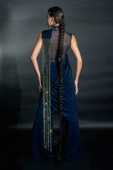 Nikhil Thampi Blue Volvo Bead Tasselled Pre-draped Pant Saree With Sheer Bodysuit Online at Aza Fashions Nikhil Thampi_Blue Volvo Bead Tasselled Pre-draped Pant Saree With Sheer Bodysuit _Online_at_Aza_Fashions