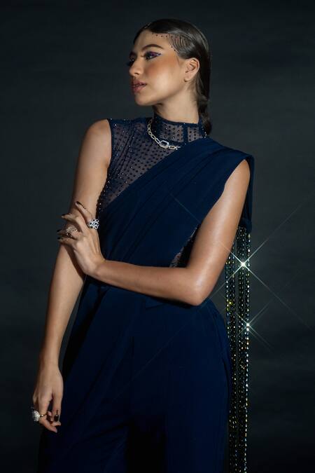 Nikhil Thampi Blue Volvo Bead Tasselled Pre-draped Pant Saree With Sheer Bodysuit at Aza Fashions Nikhil Thampi_Blue Volvo Bead Tasselled Pre-draped Pant Saree With Sheer Bodysuit _at_Aza_Fashions