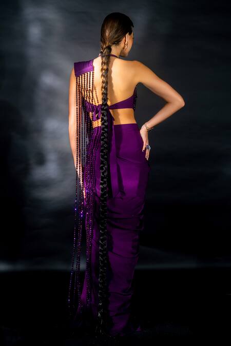 Nikhil Thampi_Purple Volvo Embellished Bead Tasselled Pre-draped Saree With Blouse  _Online_at_Aza_Fashions