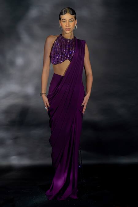 Buy_Nikhil Thampi_Purple Volvo Embellished Bead Tasselled Pre-draped Saree With Blouse  _Online_at_Aza_Fashions