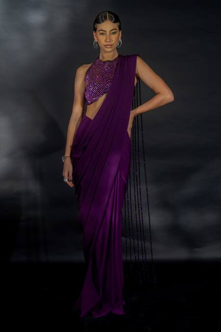 Shop_Nikhil Thampi_Purple Volvo Embellished Bead Tasselled Pre-draped Saree With Blouse  _Online_at_Aza_Fashions