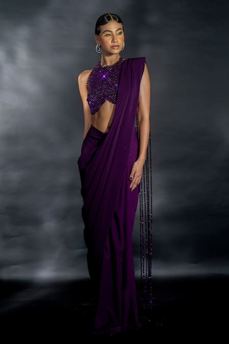 Nikhil Thampi_Purple Volvo Embellished Bead Tasselled Pre-draped Saree With Blouse  _at_Aza_Fashions