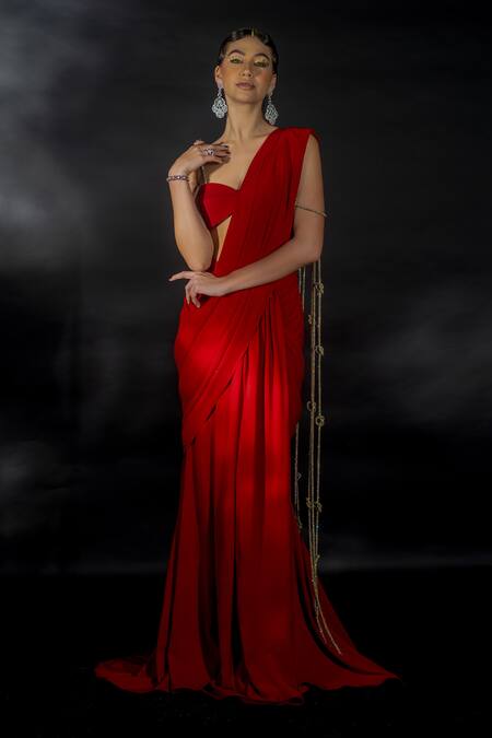 Buy_Nikhil Thampi_Red Silk Crystals, Embroidery Embellished Pallu Pre-draped Saree With Blouse _Online_at_Aza_Fashions
