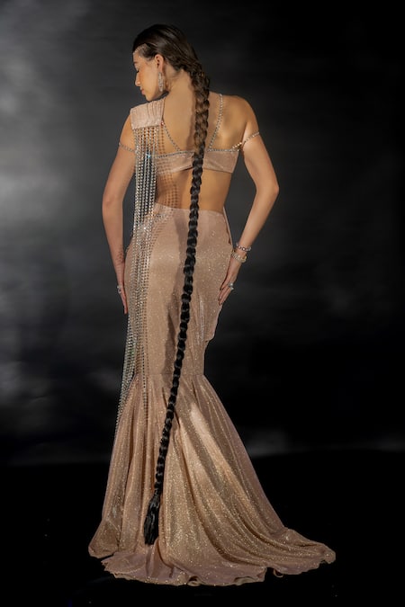 Nikhil Thampi Rose Gold Volvo Embellished Pre-draped Lehenga Saree With Blouse Online at Aza Fashions Nikhil Thampi_Rose Gold Volvo Embellished Pre-draped Lehenga Saree With Blouse _Online_at_Aza_Fashions