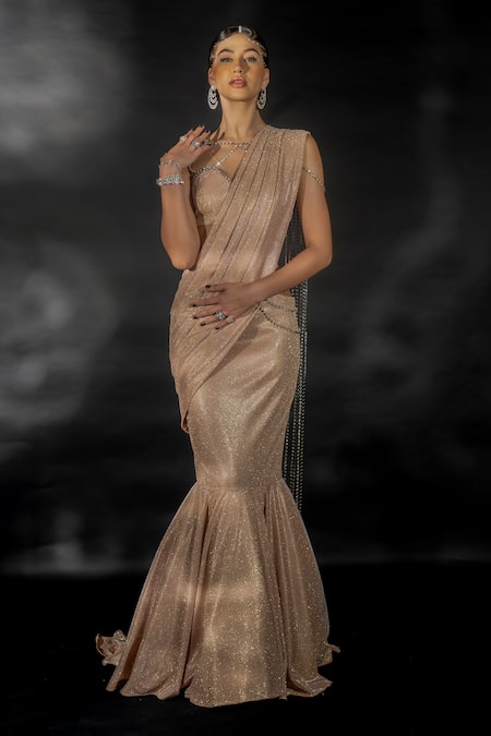 Shop Nikhil Thampi Rose Gold Volvo Embellished Pre-draped Lehenga Saree With Blouse Online at Aza Fashions Shop_Nikhil Thampi_Rose Gold Volvo Embellished Pre-draped Lehenga Saree With Blouse _Online_at_Aza_Fashions