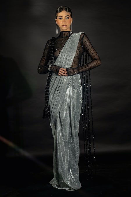 Nikhil Thampi Shimmer Pre-Draped Saree With Sheer Bodysuit 