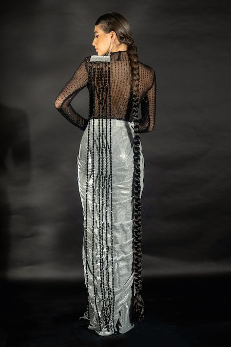Nikhil Thampi Shimmer Pre-Draped Saree With Sheer Bodysuit 