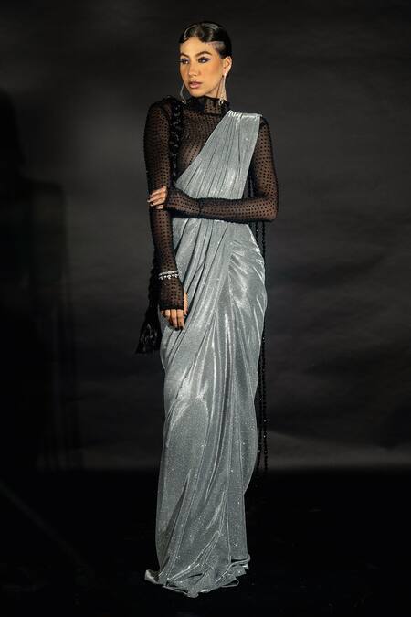 Buy_Nikhil Thampi_Silver Volvo Embellished Stone Band Shimmer Pre-draped Saree With Sheer Bodysuit _Online_at_Aza_Fashions