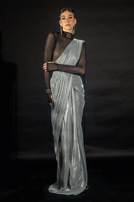 Shop_Nikhil Thampi_Silver Volvo Embellished Stone Band Shimmer Pre-draped Saree With Sheer Bodysuit _Online_at_Aza_Fashions