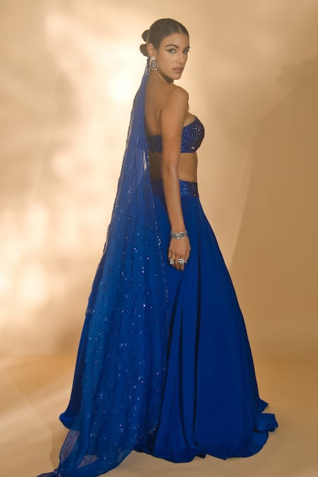 Shop Nikhil Thampi Blue Organza, Voile Rhinestones Asymmetric Embellished Lehenga Set at Aza Fashions Shop_Nikhil Thampi_Blue Organza, Voile Rhinestones Asymmetric Embellished Lehenga Set _at_Aza_Fashions