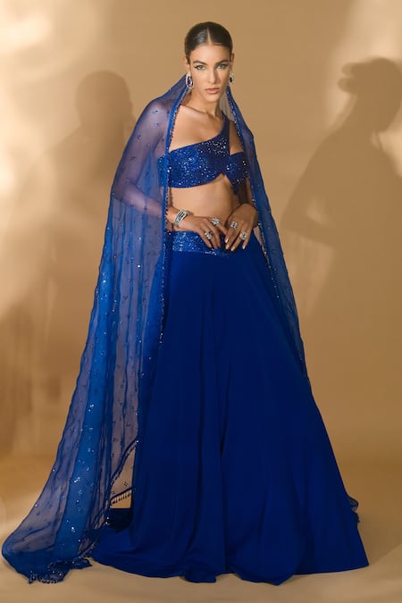 Buy Nikhil Thampi Blue Organza, Voile Rhinestones Asymmetric Embellished Lehenga Set Online at Aza Fashions Buy_Nikhil Thampi_Blue Organza, Voile Rhinestones Asymmetric Embellished Lehenga Set _Online_at_Aza_Fashions