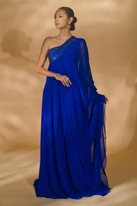 Shop Nikhil Thampi Blue Georgette Embellished Rhinestone One Shoulder Kaftan at Aza Fashions Shop_Nikhil Thampi_Blue Georgette Embellished Rhinestone One Shoulder Kaftan _at_Aza_Fashions