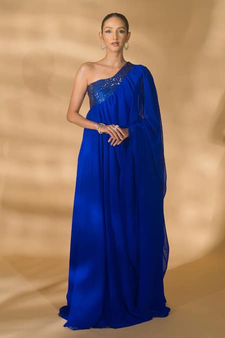 Nikhil Thampi Blue Georgette Embellished Rhinestone One Shoulder Kaftan Online at Aza Fashions Nikhil Thampi_Blue Georgette Embellished Rhinestone One Shoulder Kaftan _Online_at_Aza_Fashions