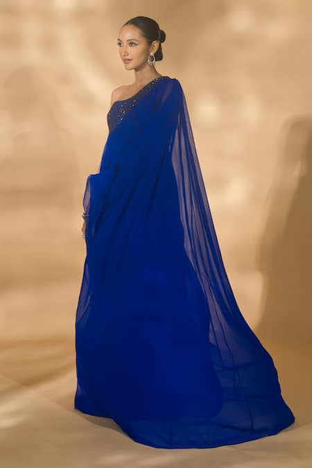 Buy Nikhil Thampi Blue Georgette Embellished Rhinestone One Shoulder Kaftan Online at Aza Fashions Buy_Nikhil Thampi_Blue Georgette Embellished Rhinestone One Shoulder Kaftan _Online_at_Aza_Fashions