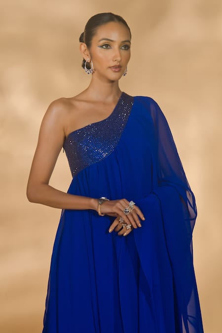 Shop Nikhil Thampi Blue Georgette Embellished Rhinestone One Shoulder Kaftan Online at Aza Fashions Shop_Nikhil Thampi_Blue Georgette Embellished Rhinestone One Shoulder Kaftan _Online_at_Aza_Fashions
