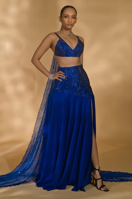 Shop_Nikhil Thampi_Blue Volvo Embellished Rhinestone Plunge Slit Lehenga Set _at_Aza_Fashions