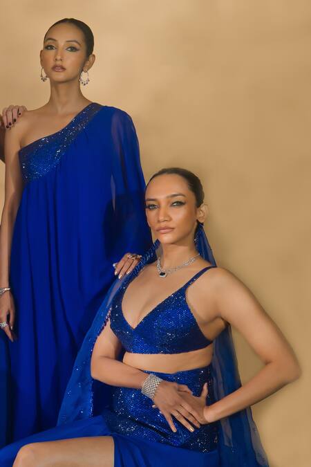 Nikhil Thampi_Blue Volvo Embellished Rhinestone Plunge Slit Lehenga Set _Online_at_Aza_Fashions