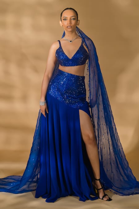 Shop_Nikhil Thampi_Blue Volvo Embellished Rhinestone Plunge Slit Lehenga Set _Online_at_Aza_Fashions