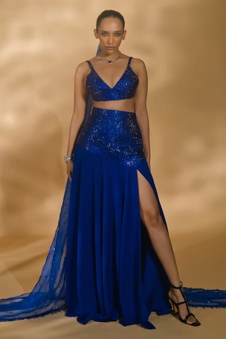 Nikhil Thampi_Blue Volvo Embellished Rhinestone Plunge Slit Lehenga Set _at_Aza_Fashions