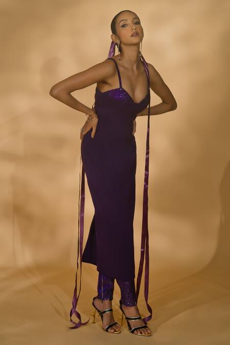 Nikhil Thampi Purple Volvo Embellished Rhinestone Bralette V-neck Tube Kurta Set at Aza Fashions Nikhil Thampi_Purple Volvo Embellished Rhinestone Bralette V-neck Tube Kurta Set _at_Aza_Fashions