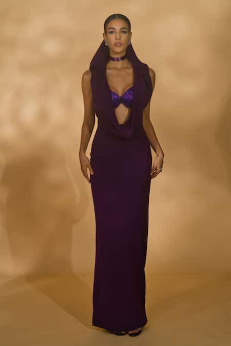 Nikhil Thampi Purple Volvo Embellished Rhinestone Deep Cowl Gown With Bralette 