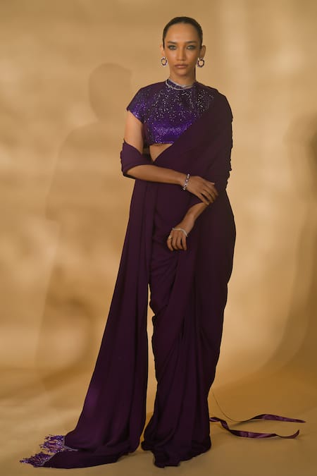 Nikhil Thampi Solid Pre-Draped Saree With Embellished Blouse 