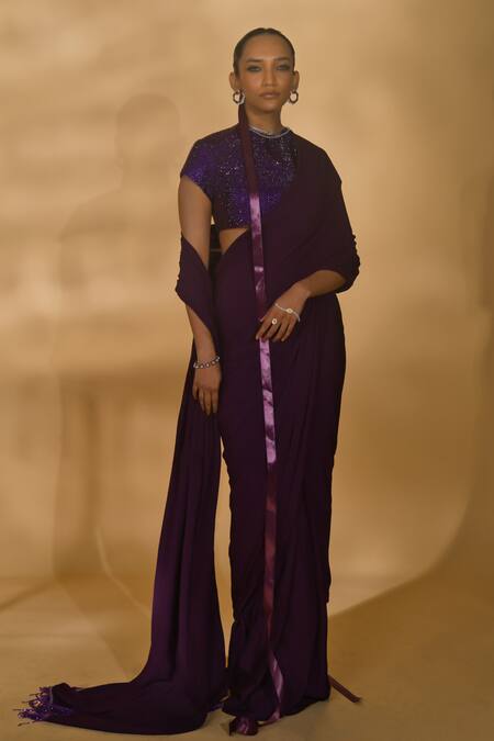 Nikhil Thampi_Purple Georgette Rhinestones High Solid Pre-draped Saree With Embellished Blouse _Online_at_Aza_Fashions