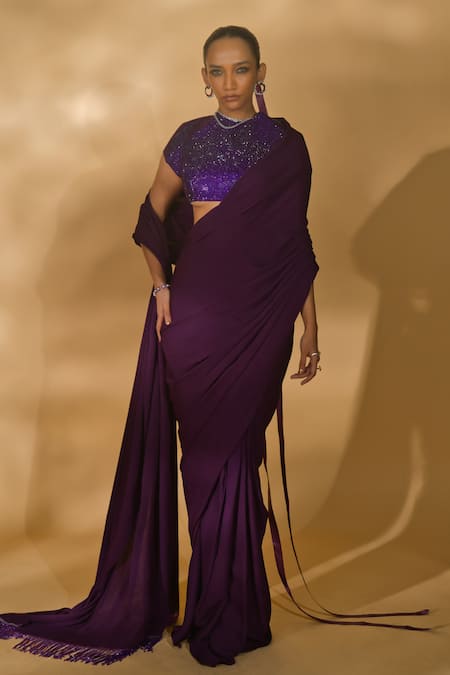 Buy_Nikhil Thampi_Purple Georgette Rhinestones High Solid Pre-draped Saree With Embellished Blouse _Online_at_Aza_Fashions