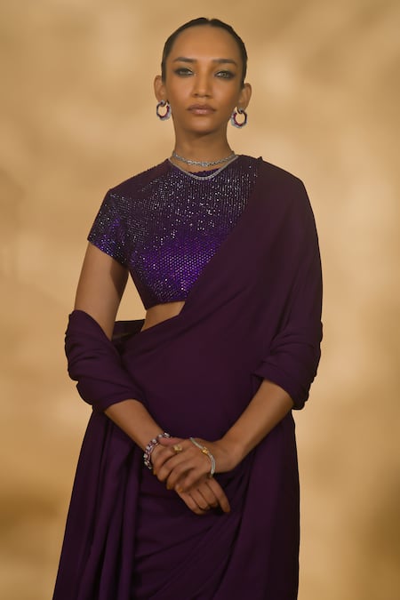 Shop_Nikhil Thampi_Purple Georgette Rhinestones High Solid Pre-draped Saree With Embellished Blouse _Online_at_Aza_Fashions