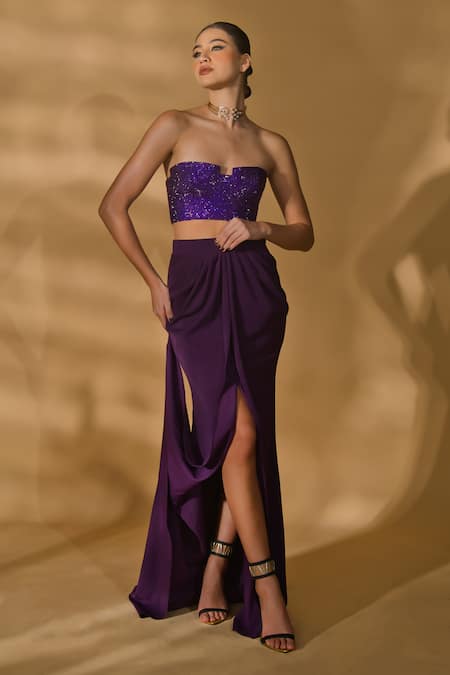 Nikhil Thampi Embellished Crop Top With Draped Trail Skirt 