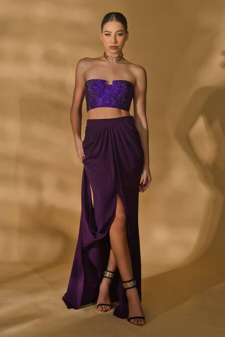 Buy_Nikhil Thampi_Purple Volvo Embellished Rhinestone Cut-out Crop Top With Draped Trail Skirt _Online_at_Aza_Fashions