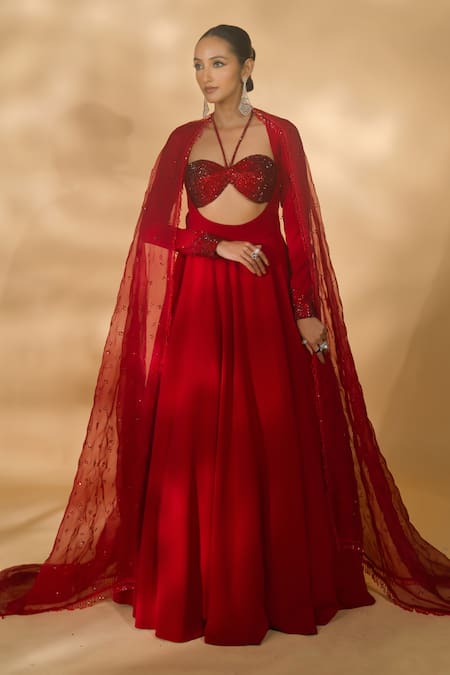 Nikhil Thampi Red Organza, Voile Rhinestones Halter Neck, Embellished Bralette Anarkali Set Online at Aza Fashions Nikhil Thampi_Red Organza, Voile Rhinestones Halter Neck, Embellished Bralette Anarkali Set _Online_at_Aza_Fashions