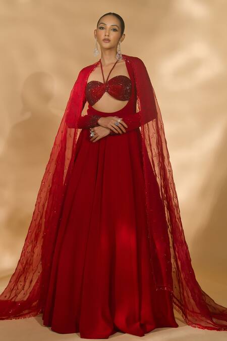 Buy Nikhil Thampi Red Organza, Voile Rhinestones Halter Neck, Embellished Bralette Anarkali Set Online at Aza Fashions Buy_Nikhil Thampi_Red Organza, Voile Rhinestones Halter Neck, Embellished Bralette Anarkali Set _Online_at_Aza_Fashions