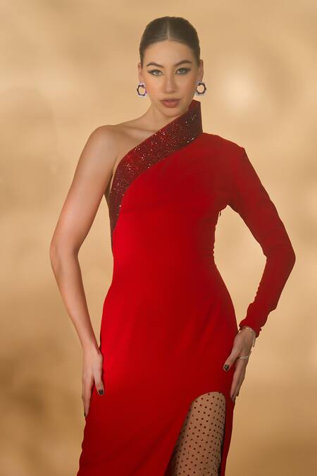 Nikhil Thampi_Red Net, Voile Rhinestones One Shoulder Kurta With Embellished Leggings _Online_at_Aza_Fashions