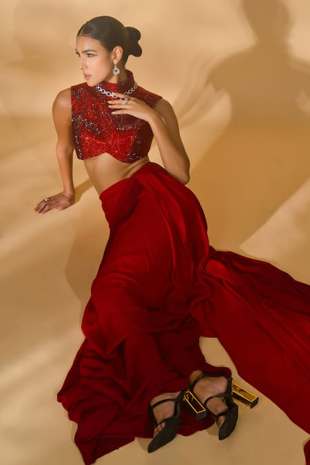 Nikhil Thampi Pre-Draped Solid Saree With Embellished Blouse 